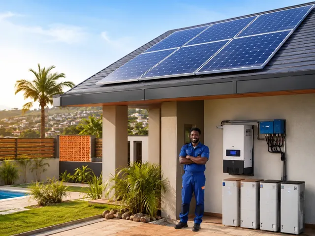Maison équipée de panneaux solaires, d’un onduleur et de batteries.